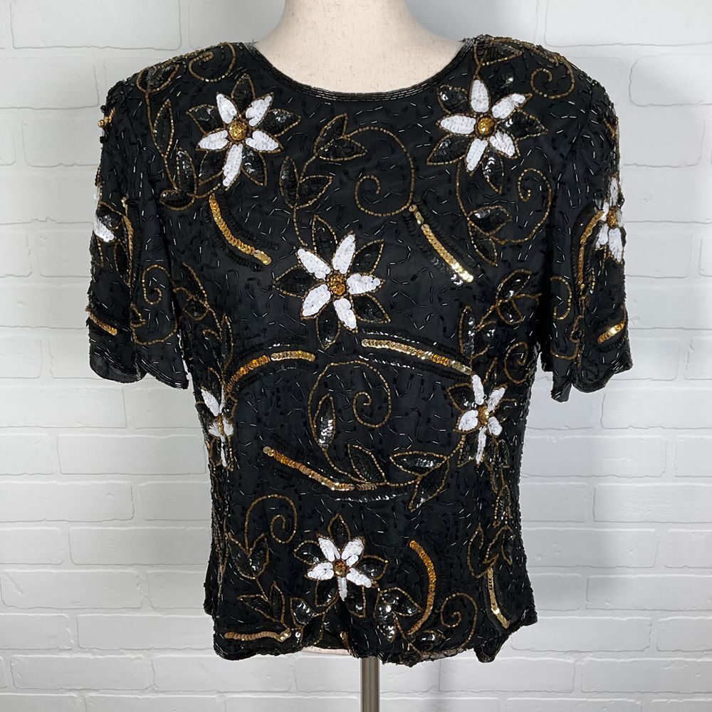 Mark & John by Gopal Blouse Women Large Black White Gold Floral Embellish Formal